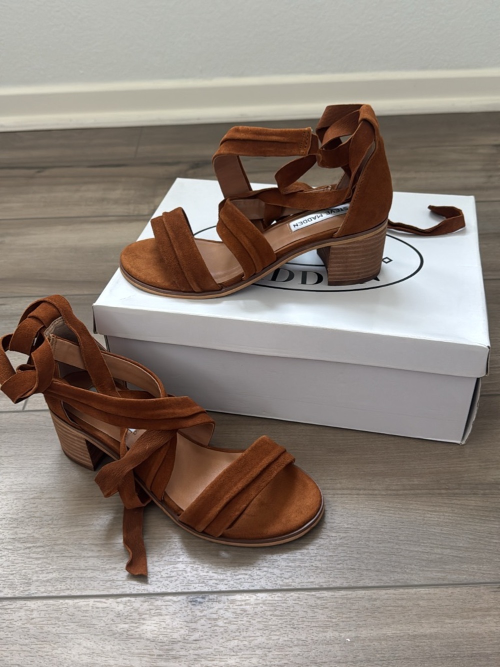 Steve Madden Rust Brown Suede Block Heel Sandals with Ankle Wrap